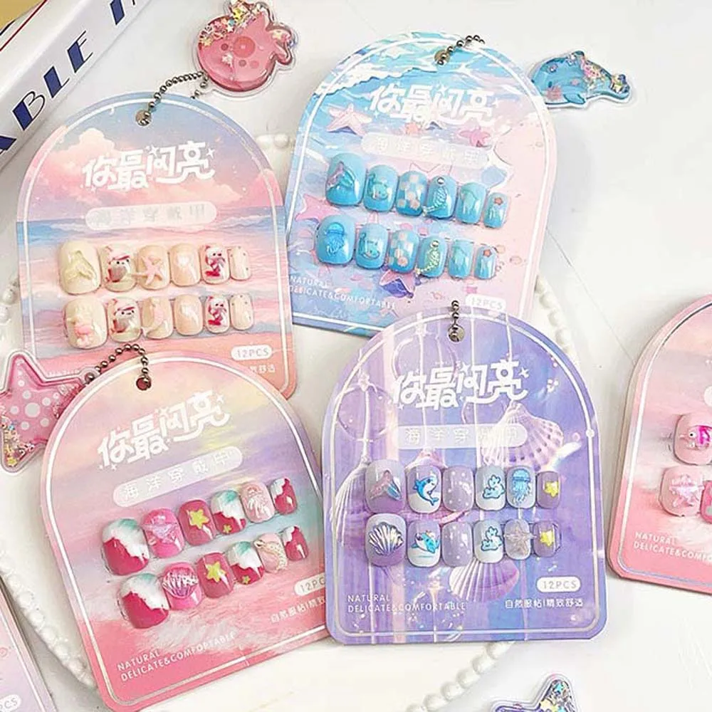 

Starfish Children False Nails Jellyfish Short Square Shaped Kids Ocean Fake Nails Dolphins Nail Supplies