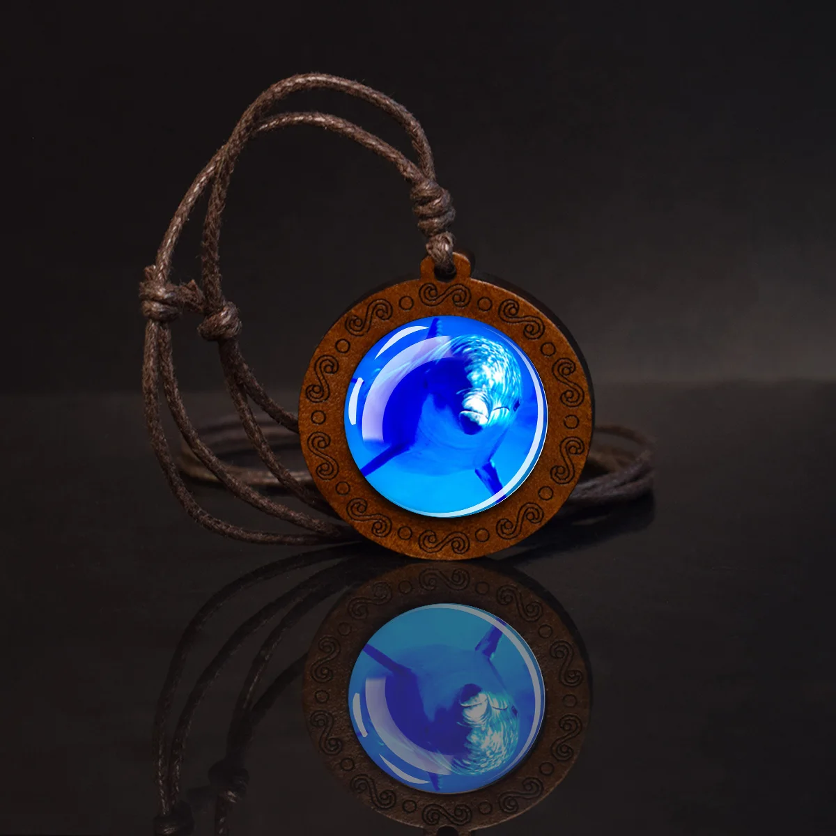 Turtles Dolphins Necklace Blue Sea Marine Animals Glass Dome Vintage Wooden Pendant Rope Chains Necklace Women Men Cute Jewelry