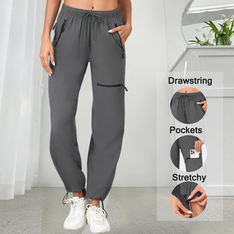Pantaloni da donna in tessuto multiuso a 4 tasche con coulisse regolabile in vita con orlo arricciato Pantaloni casual da esterno Comfort Fit Pull-On