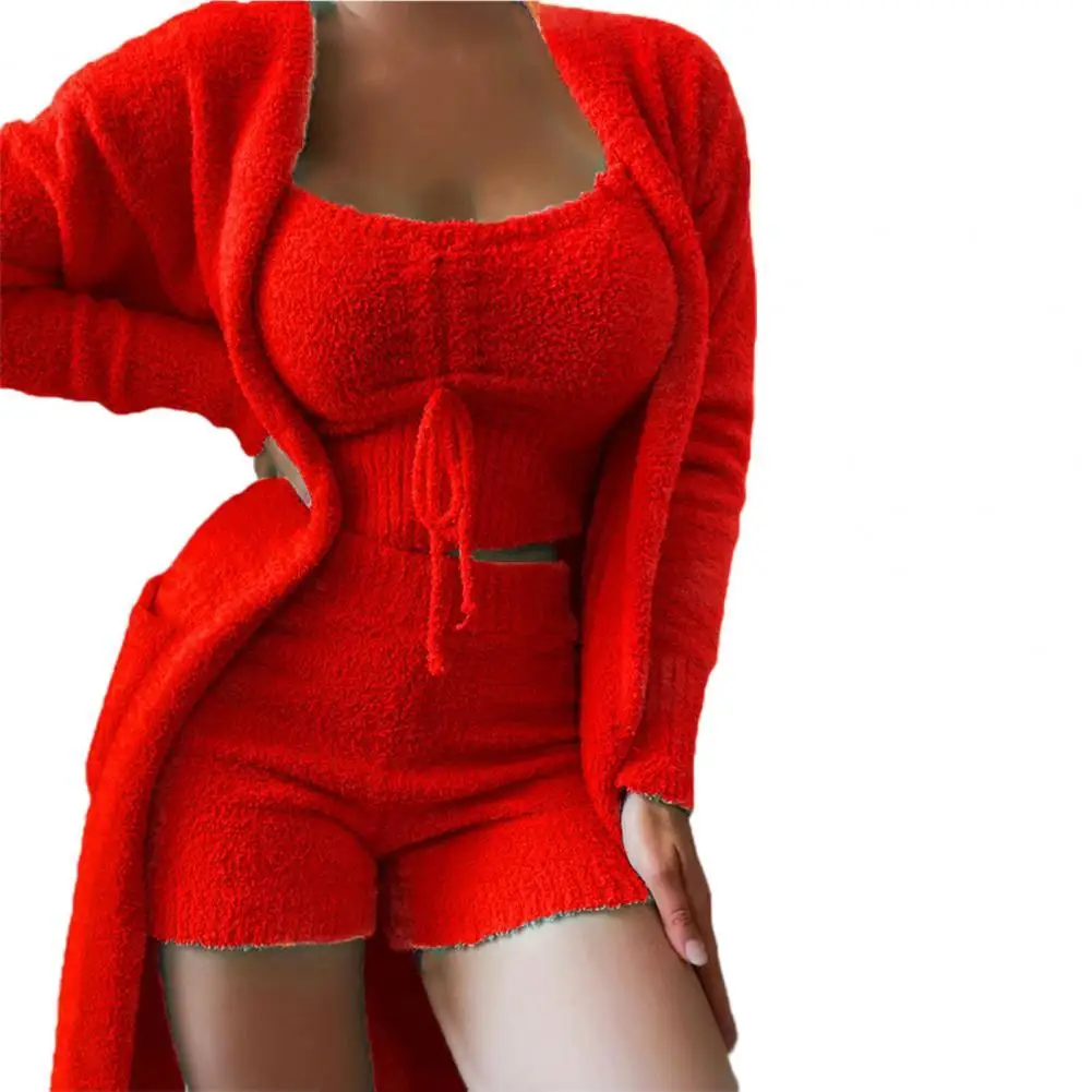 

1 Set Top Shorts Coat Solid Color Plush Three-piece Temperament Thick Sleepwear Set for Sleeping womens two peice sets