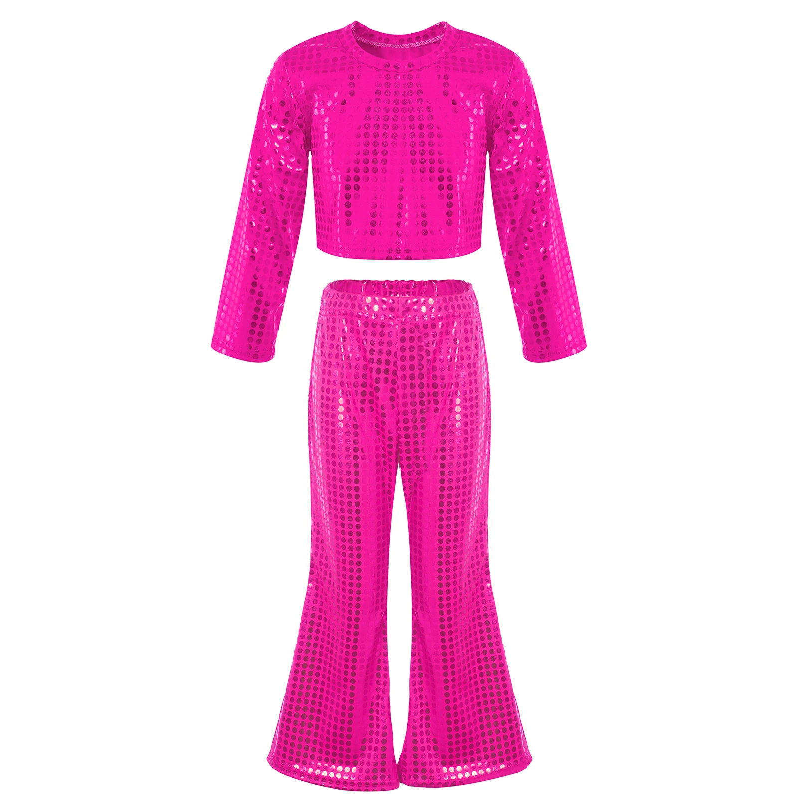 

Kids Girls Jazz Hip Hop Dance Clothes Shiny Long Sleeve Crop Top with Bell-bottoms Pants Disco Party Stage Performance Costume