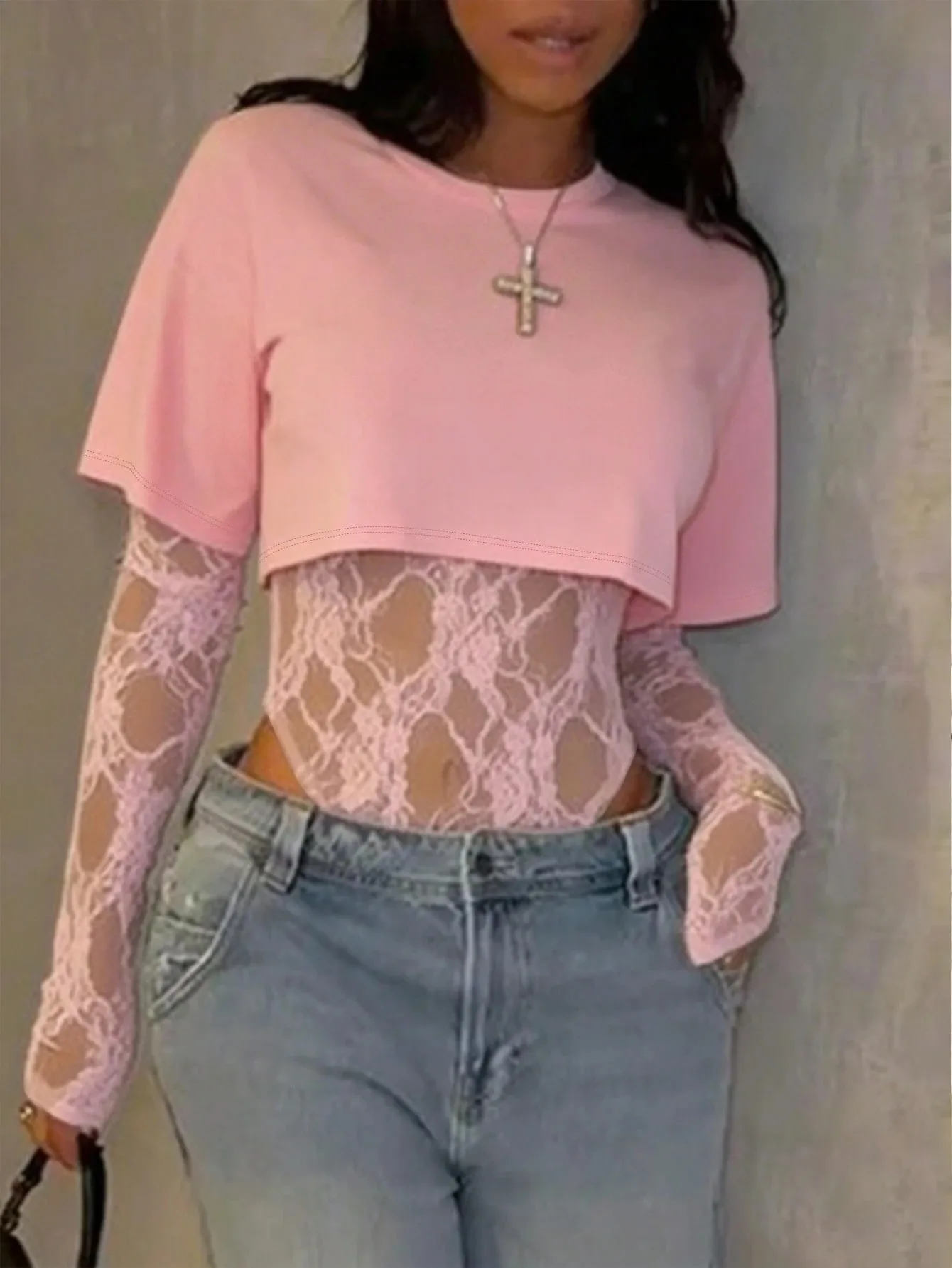 

Y2K Pink Faux Two Piece Lace Bodysuit Women With Cropped T Shirt And Long Sleeve Lace Mesh Design Slim Fit Streetwear Top