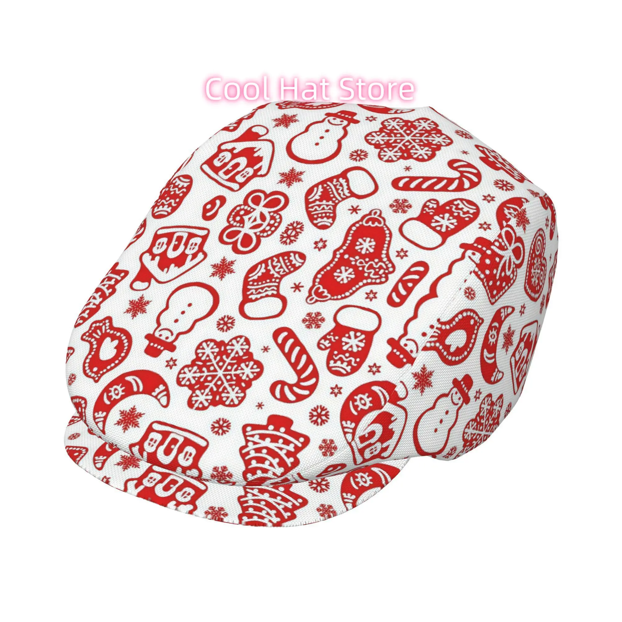 Red Christmas Gingerbread Pattern Men Beret Hat Polyester Adjustable Newsboy Hats Cabbie Gatsby Cap Driving Flat Caps Women Cabb