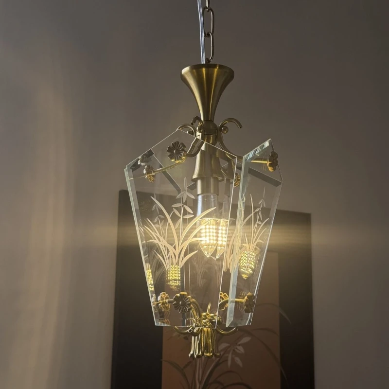 النمط الفرنسي العتيقة النحاس مطلي الزجاج منحوتة مصقول حافة قلادة ضوء للمطعم والإقامة المنزلية الألواح الأمامية الثريا #5