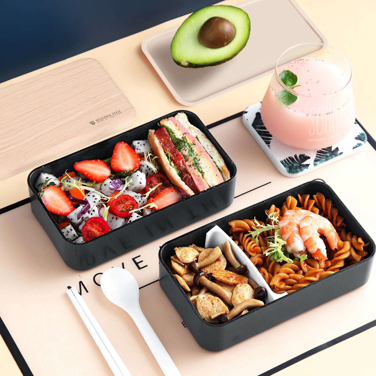 1,2 l schwarze Kunststoff-Bento-Box, doppellagiges Design, feine Verarbeitung, Lunchbehälter, Studenten, Arbeiter, Picknick