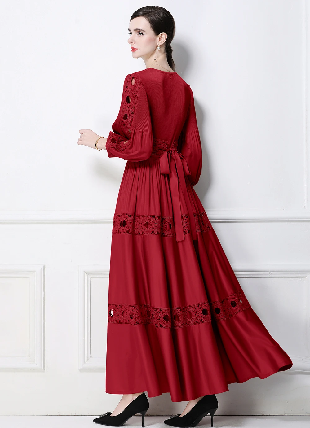 Abito lungo lungo autunnale stile Miyake - Abito da cocktail stile principessa in pizzo francese elegante a mezza manica in vita snellente