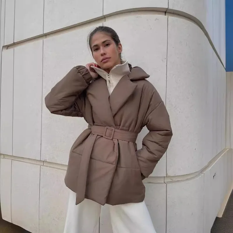 Women's Winter New Warm Cotton Padded Jacket Belt Parkas Turn-down Collar Cotton Coat Slim Solid Cotton Jacket Outerwear