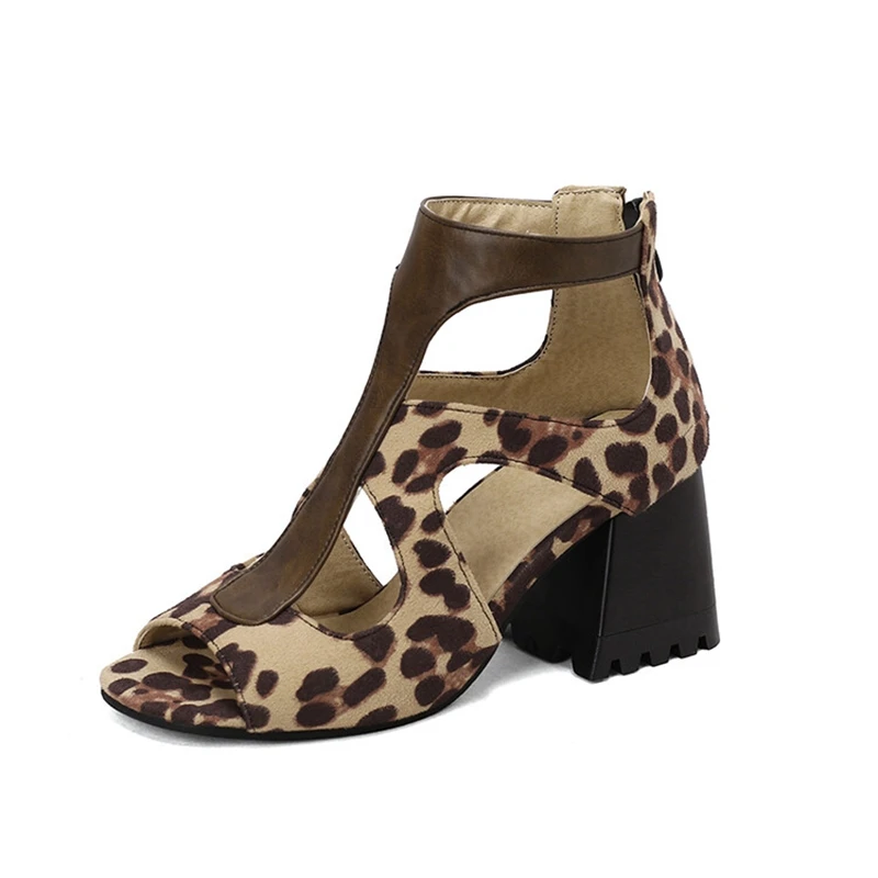 Big Size Fashion Leopard Women Sandals High Block Heels Red Black Dress Party Lady Peep Toe Summer Zipper Gladiator Shoes 23-6