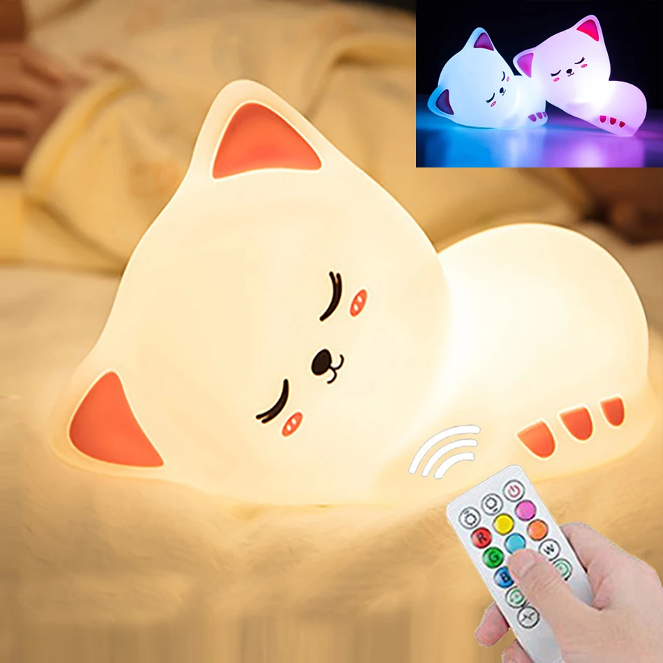 Touch LED Cat Night Light Remote Control For Kid Children USB Rechargeable Silicone nightligh Child Cat Lamp for Birthday Gift