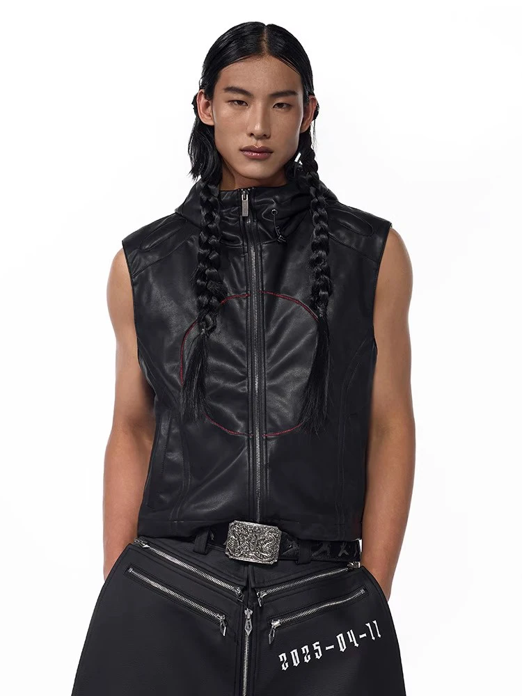 

Mauroicardi Autumn Black Pu Leather Vest Men with Drawstring Hood Red Pentagram Luxury Designer Zip Up Clothes Sleeveless Jacket