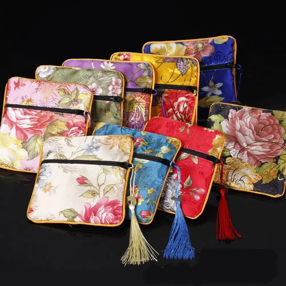 Tuch Stickerei Münzfach Blume Quaste Tuch Brieftasche Schmuck Organizer Kupfer Bargeld Anhänger Chinesischen Stil Münzfach Mädchen