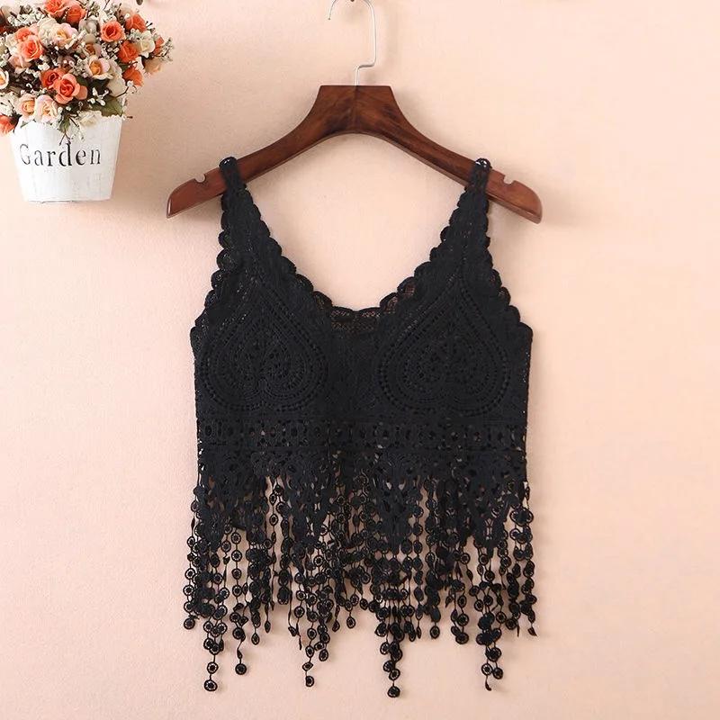 Summer 2023 Pure Color Lace Tassel Vest Strap Hollow out Slim Fit Overhead ort Coat Small awl Top Sweet Sle Polyester