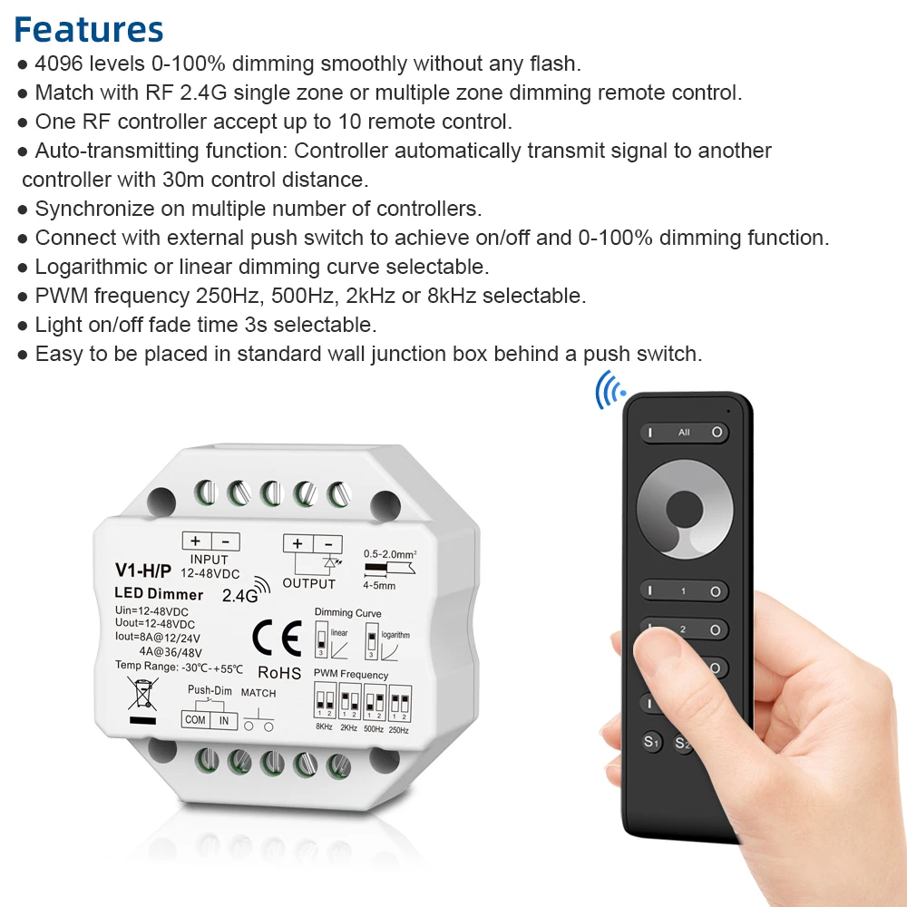 LED Dimmer 12V 24V 48V 6A/3A PWM Wireless Frequency Adjustable 2.4G RF LED Dimmer Switch ON OFF for Single Color LED Strip Light