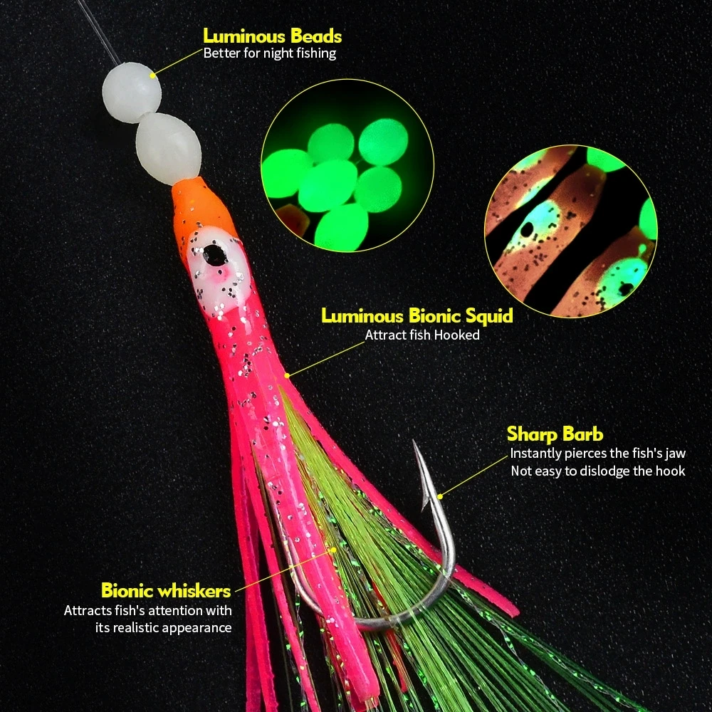 6 stks/set Lichtgevende Cluster Zachte Lokken Paling Sabiki Rigs String Haken Lokken Vissen Saury Inktvis Makreel Scad Zoutwater Visgerei