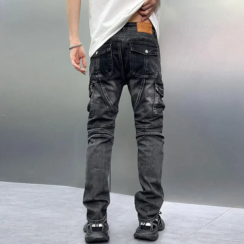 High Street Fashion Men Jeans Retro Black Gray Stretch Slim Fit Spliced Biker Jeans Multi Pockets Hip Hop Denim Pants Men Flares