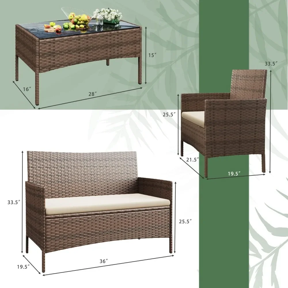 Juego de muebles de mimbre para exteriores, silla de mimbre para jardín, Patio trasero, balcón, sofá de dos plazas con tapicería, marrón y beige, 4