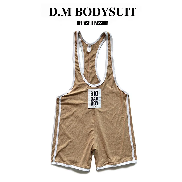 Men's Slim Fit Sports Jumpsuit Quick Dry Wrestling Cycling Tight Strap Sexy Thin Letter Print Short Sleeve