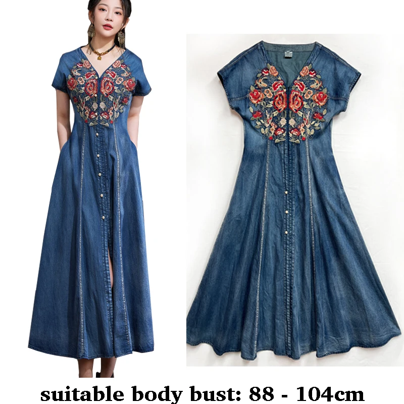 

High quality long denim dress for women short sleeve cotton retro embroidery 2025 summer lady elegant vintage clothes blue