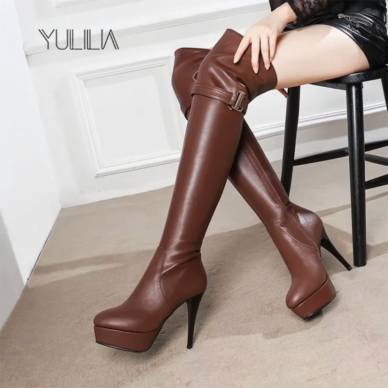 

YULILIA Sexy Fashion Nightclub Party Wedding Office Queen Woman Platform High Heel Over Knee Boots Wine Red Thigh Boots