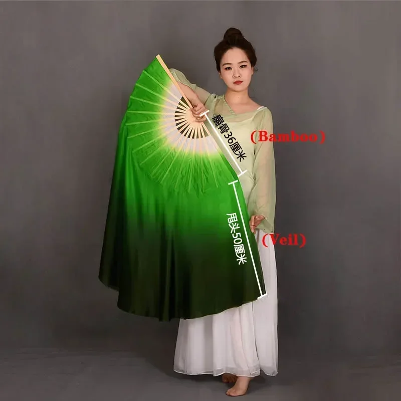 

Цельная двухслойная двойная вуаль из настоящего шелка, бамбуковая складная веерная вуаль для танца живота, реквизит для выступлений, полукруглая шелковая вуаль, темно-зеленая