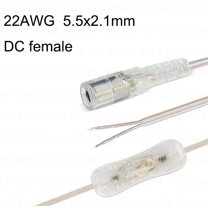 DC 12 V Kabel, weiblich, 304, Schalterknopf, Steckerverlängerung, Netzteilkabel, 22 AWG, für LED-Streifen, 5,5 x 2,1 mm, transparent
