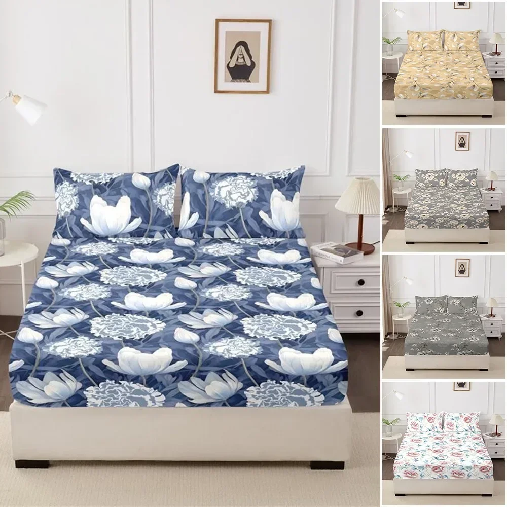 3pcs Printed Plant Pattern Bed Sheet Pillowcase Set Elastic Band Around Mattress Wrinkle-Resistant Easy Care Juego De Sábanas