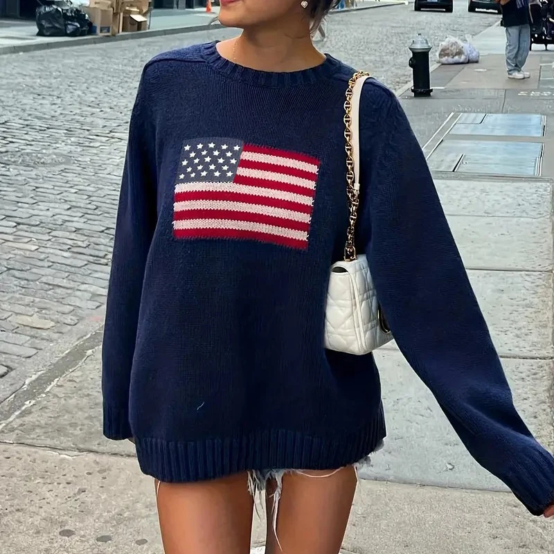 BIIKPIIK Flag Casual Sweater Streetwear O-neck Full Sleeve Pullovers Autumn Winter All-match Women Sweater Simple Basic Pullover