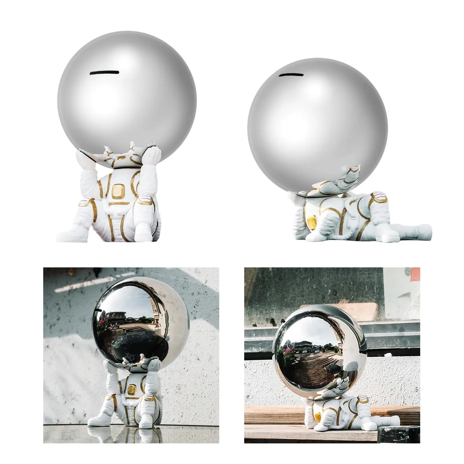Astronaut Statue Piggy Bank Table Decor Resin Spaceman Coin Bank Round Ball Head Figurine Sculpture for Bedroom Living Room