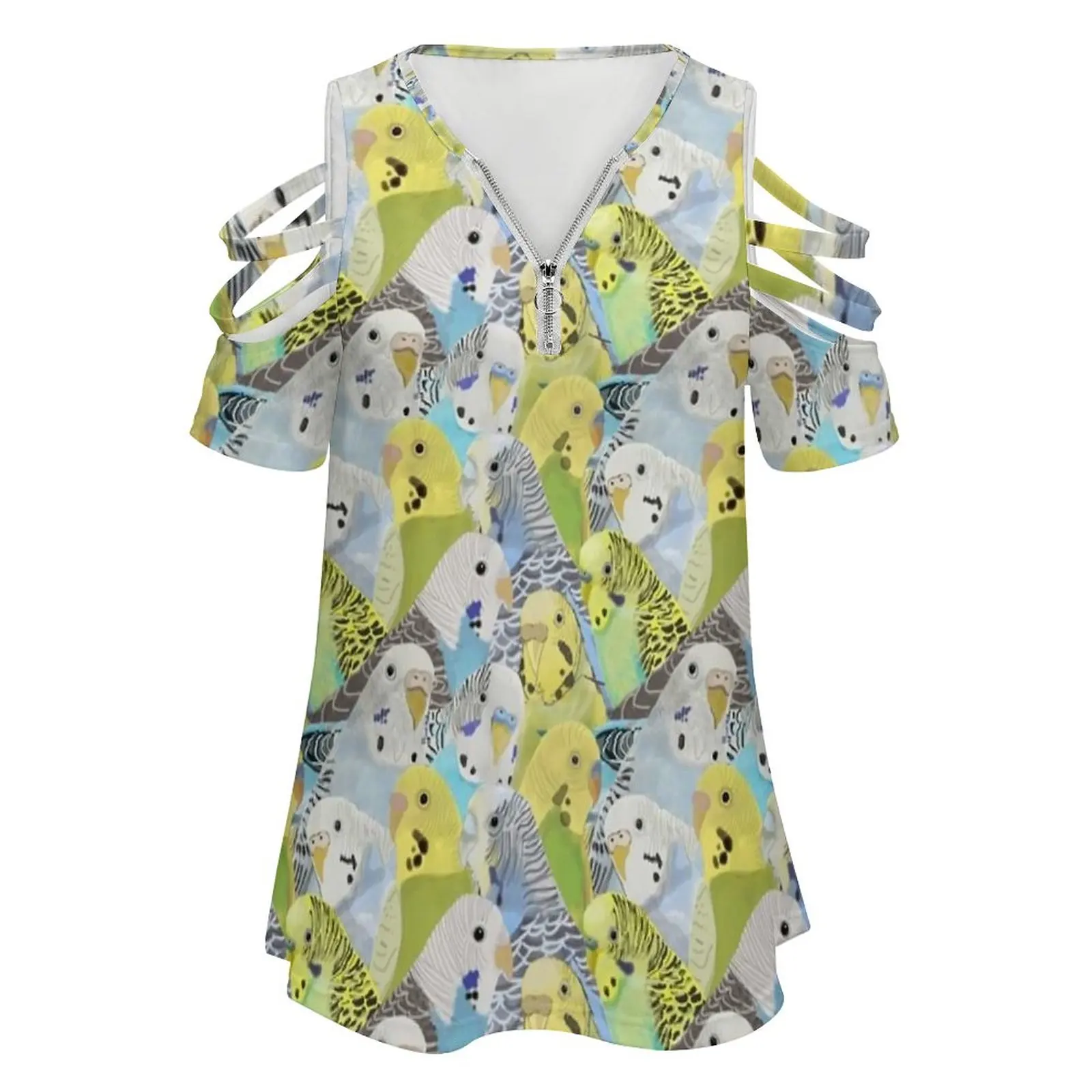 Budgie Parakeets New Fashion Zip Off Shoulder Top Short-Sleeve Women Shirt Bugies Parakeet Parakeets Budgies Parakeet Pattern