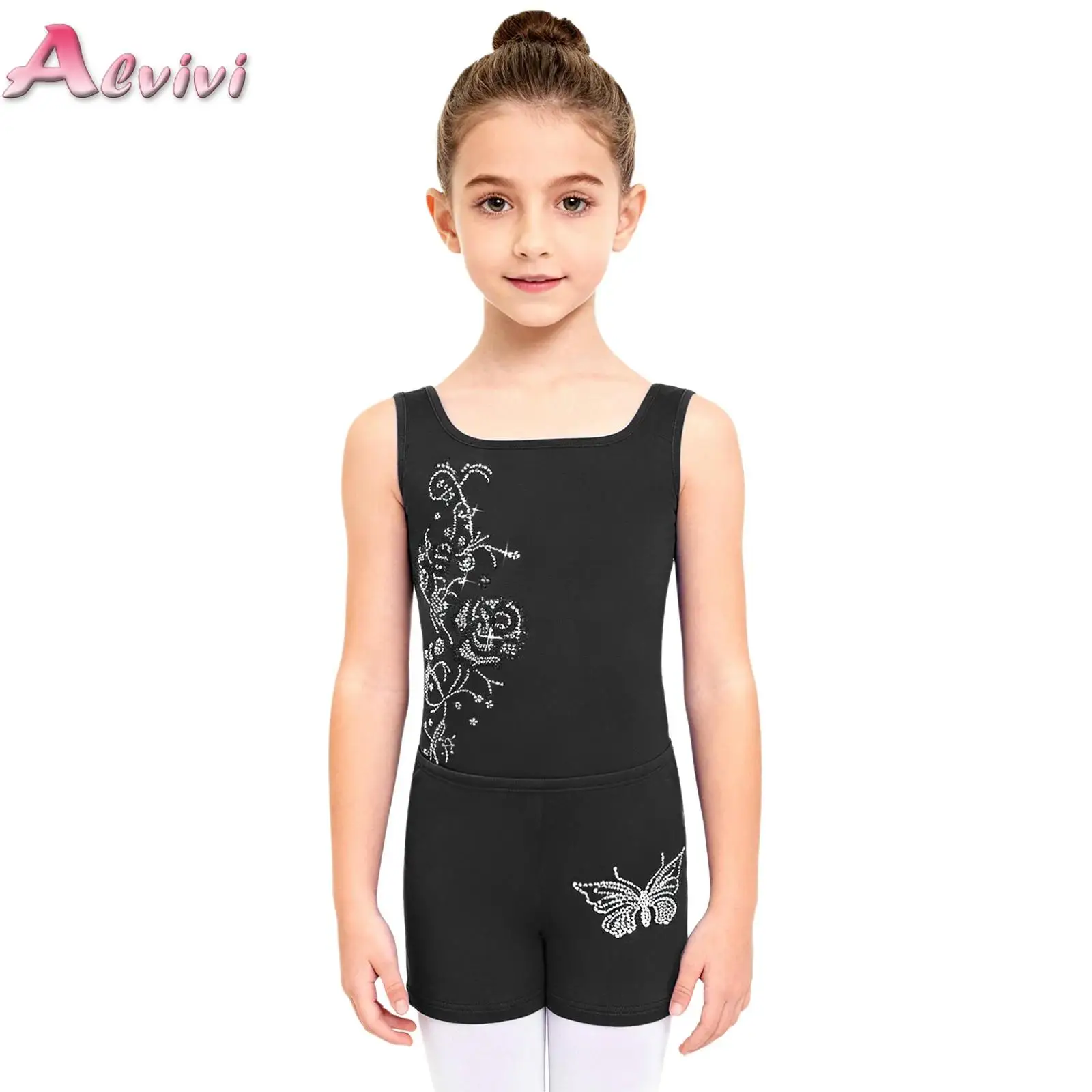 

Kids Girls Gymnastics Figure Skating Dance Performance Outfit Sleeveless Thin Fleece Lined Rhinestone Flower Leotard with Shorts