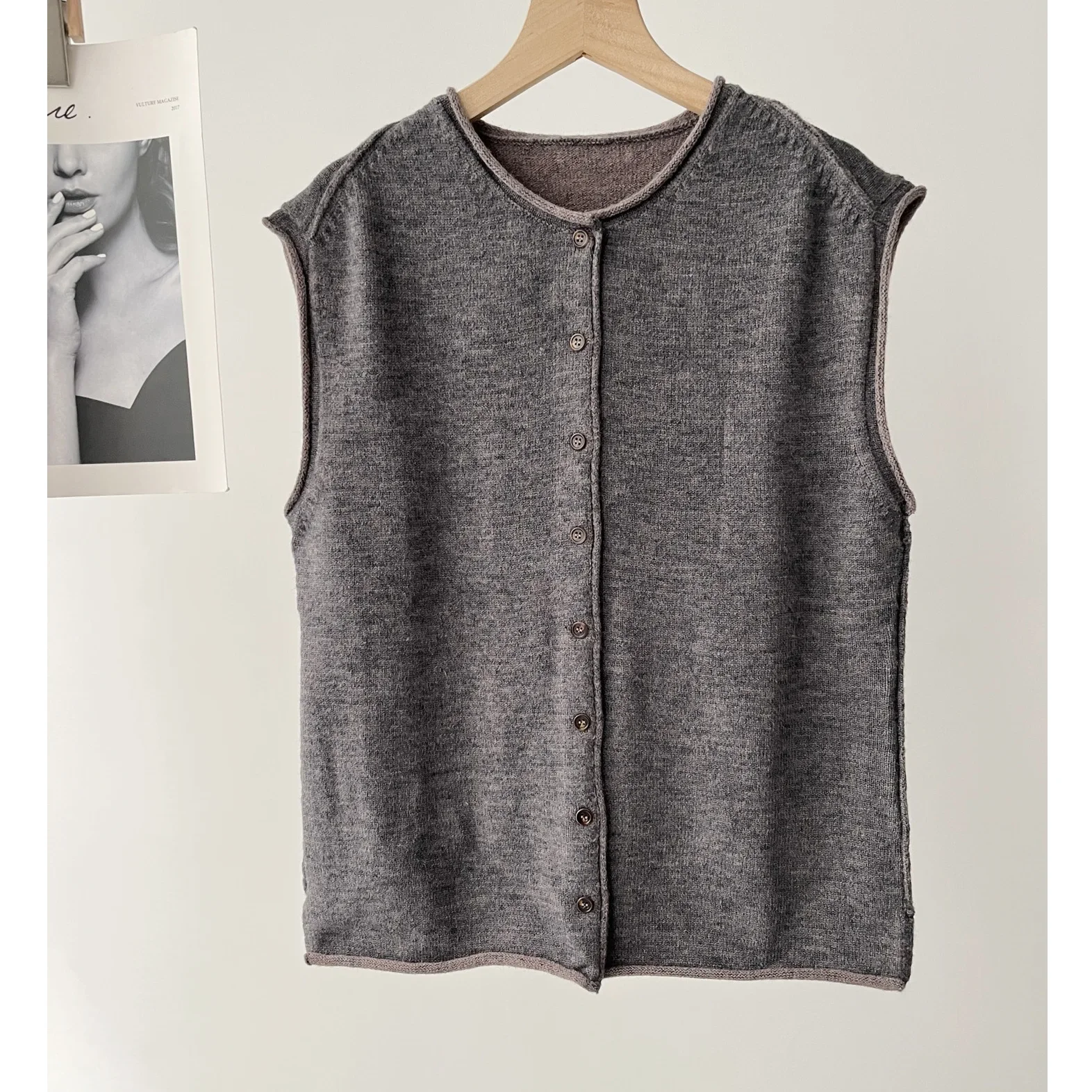 Women's Grey Grey Casual Simple Wind Crew Neck Sleeveless Knitted Vest Vest Cardigan 16a