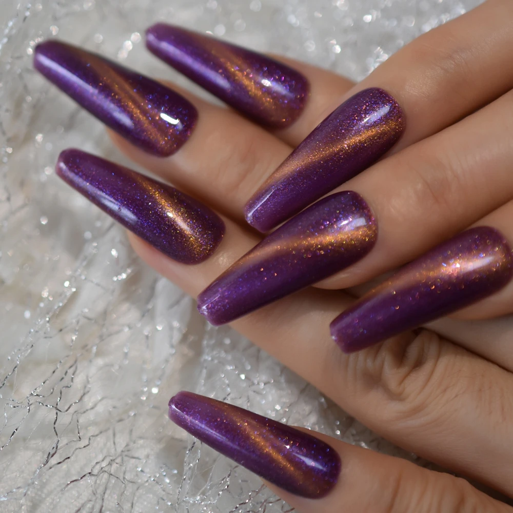 Shiny Bling Sky Purple Cat Eyes Press on False Nails Extra Long Ballerina Coffin Fake UV Full Cover Fingersnails Extention Tool