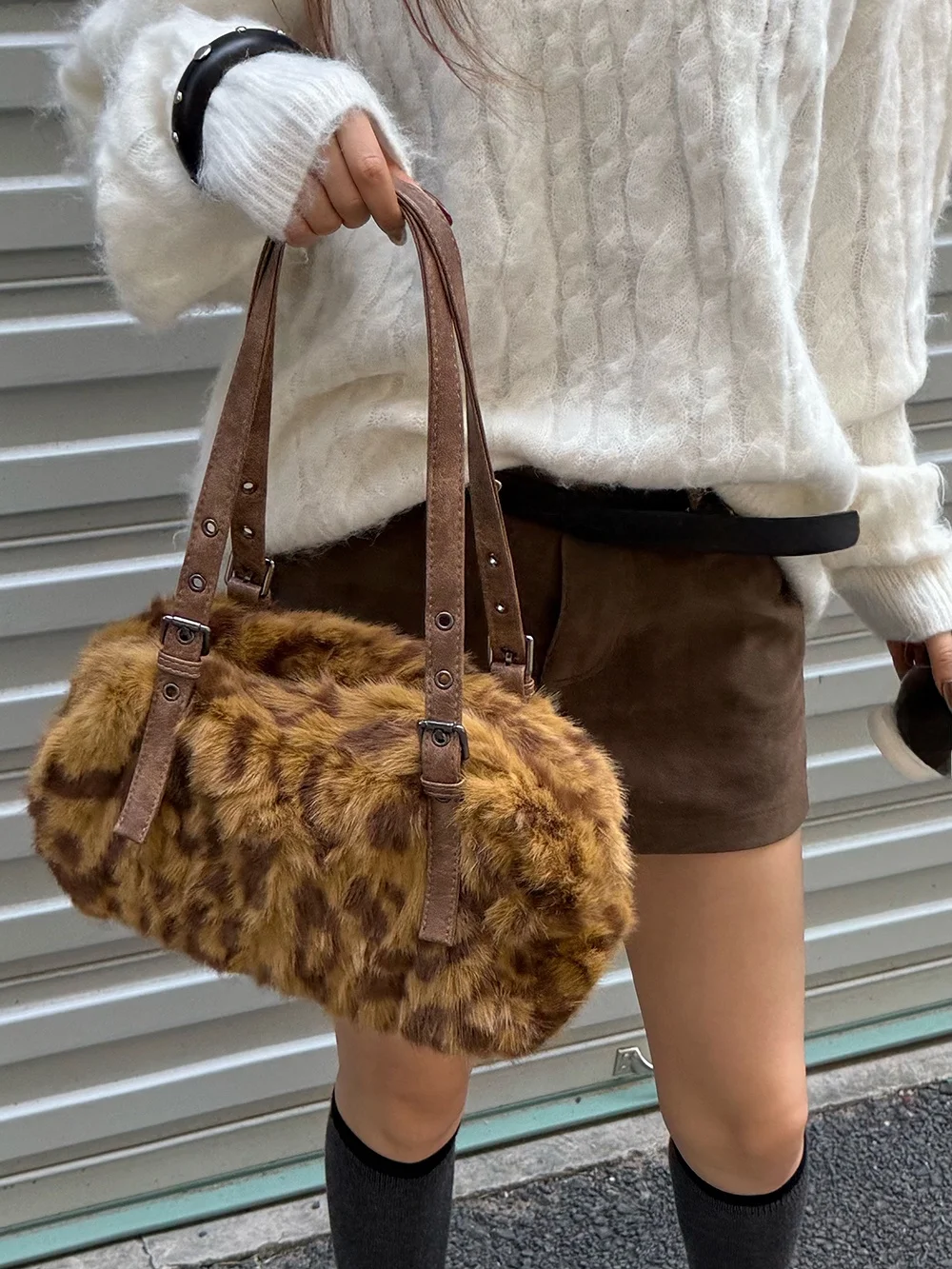 

JNNG Sweet Plu Leopard Print Handbag Women's Autumn Winter Faionable Bag Soft Leather Handle No oulder Strap Rectangular