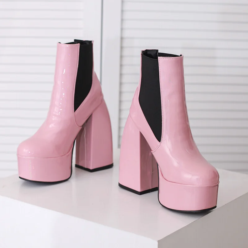 2023 Elastic Lacquer Leather Ankle Short Boots Candy Color Waterproof Platform 14cm Thick Heel Women\'s Stage Performance Boots