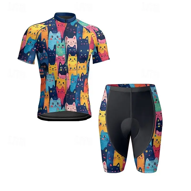 Colorful Cat Cycling Jersey Set Men Short Sleeve Shorts Gel Breathable Pad Cycling Clothing Bicycle Wear Jersey Kit Mtb