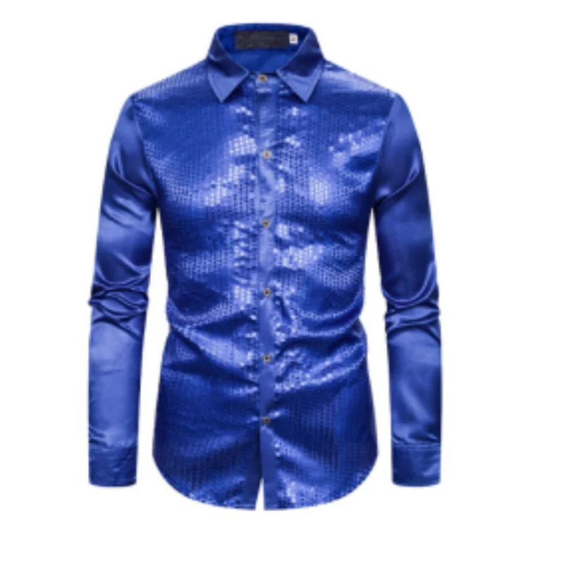 

Solid Casual Shirt for Mens Fashionable Glossy Lapel Long Sleeved European Shirt