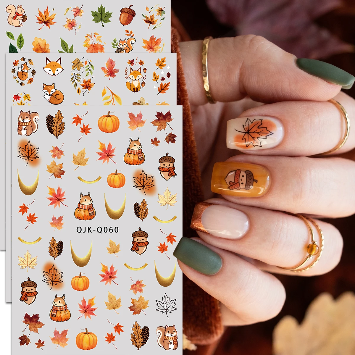 Retro forest nail stickers, maple leaf animal elements, nail art supplies, suitable for autumn fashion and Thanksgiving parties