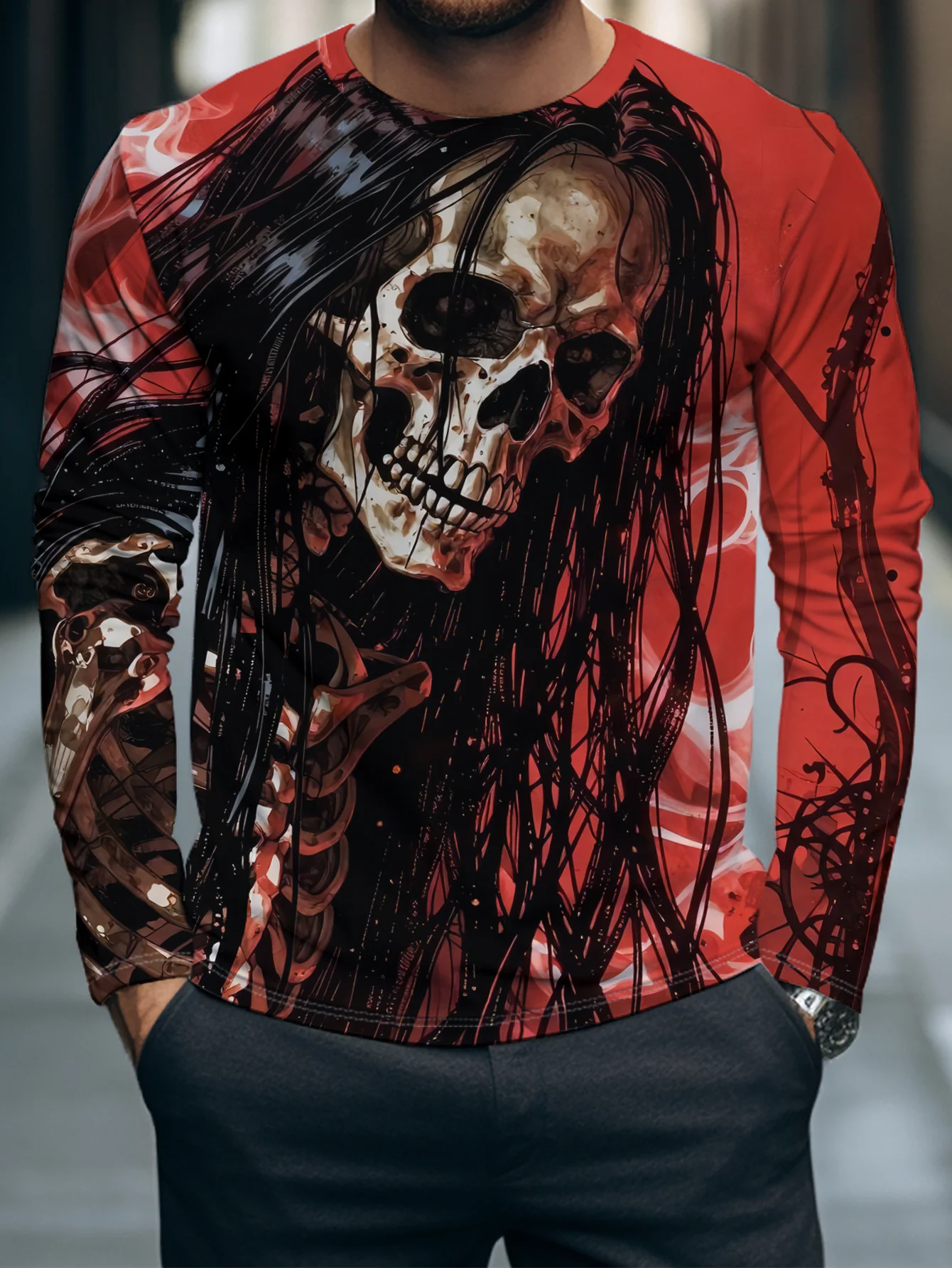Men Halloween 3D Print Long Sleeve Sweatshirt Long‑Hair Skull Ghost Pattern Crew Neck Pullover Casual Party Streetwear Tops