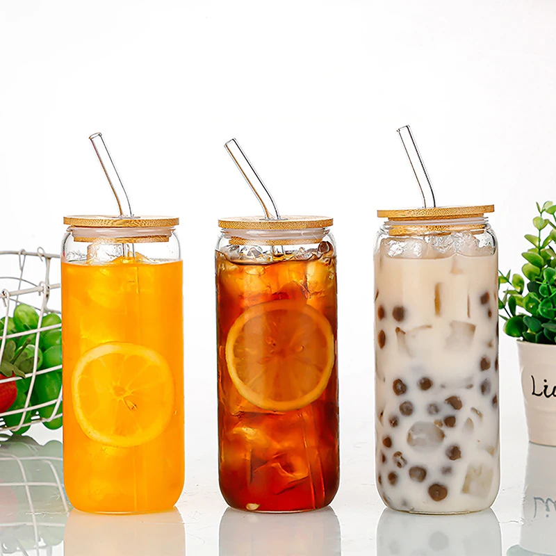 

16OZ Glass Cup With Lid And Transparent Straw Bubble Tea Cup Glass Beer Can Milk Mocha Cups Set Breakfast Mug Drinkware