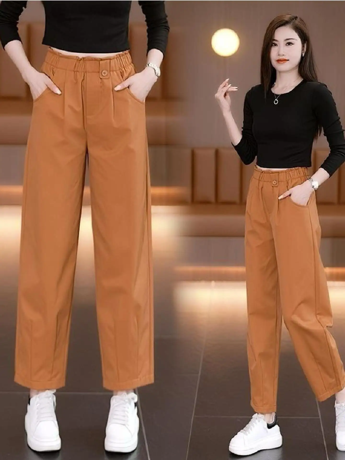 

Summer Thin Casual Pants Women's High Waist Bloom Waist Straight Leg Pants Conceal Flattering Hide Hip Breathable Cotton