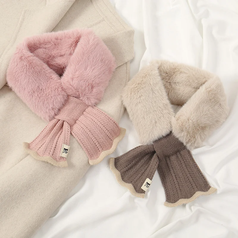 Newest Imitation Rabbit Hair Neck Scarf Fashion Women Two Tone Splicing Together Winter Outdoor Keep Warm Lady Scarf Stoles