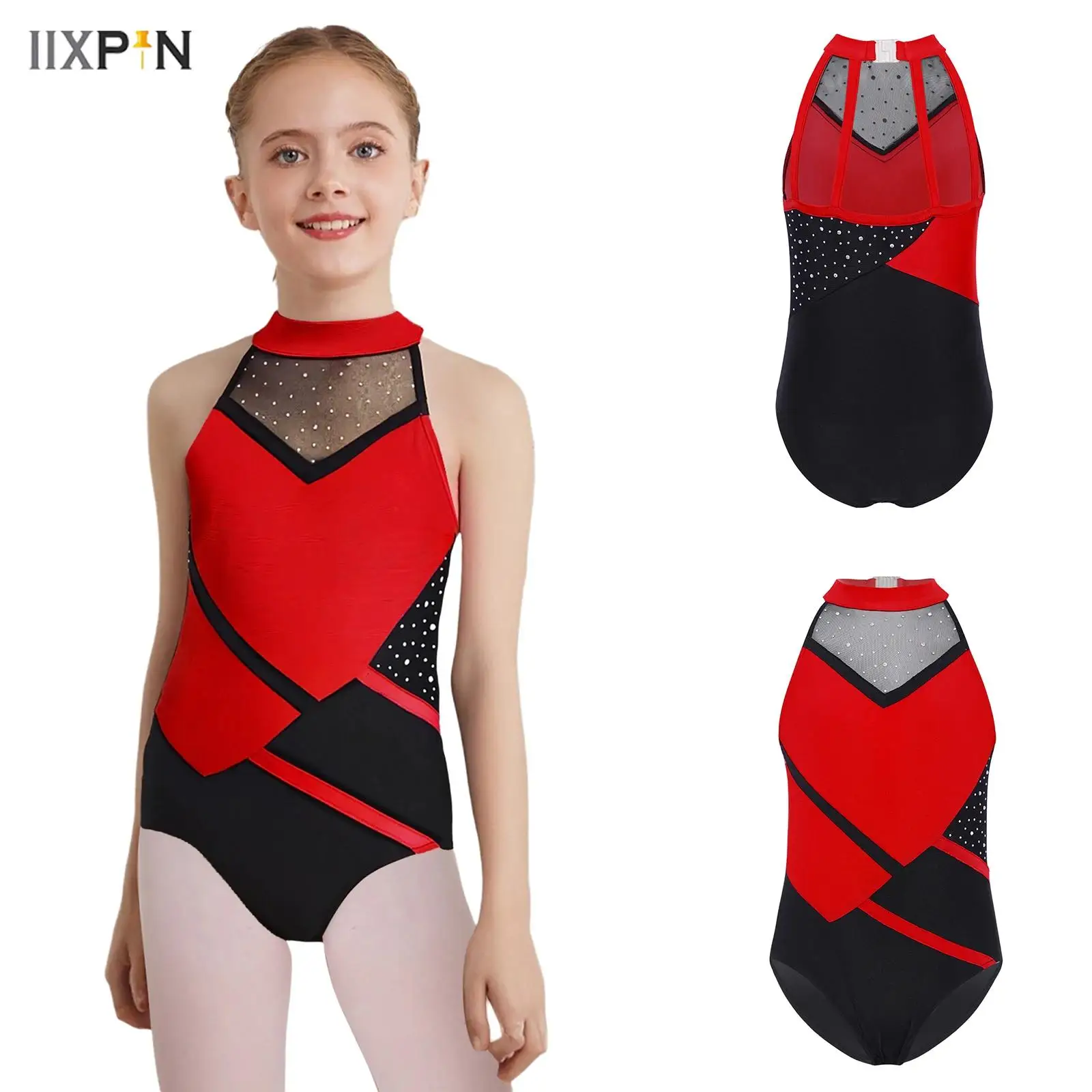 

Kid Girls Acrobatics Gymnastics Leotard Sleeveless Color Block Glittery Rhinestones Unitard Figure Skating Ballet Dance Bodysuit