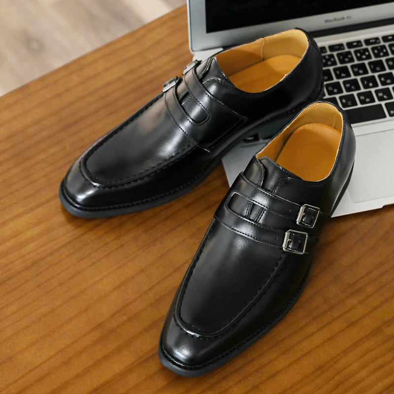 

Double Buckle Foot Cover Men Casual Leather Shoes PU Leather Round Toe Low Heel Anti Slip Business Formal Men Single Shoes