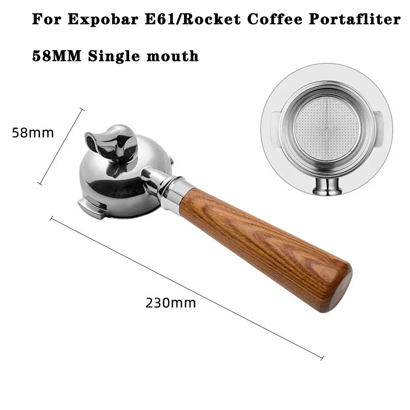NONE 58MM 2 Ohren Kaffee Siebträger für Expobar E61/Rocket Edelstahl Griff Filter Universal Einzel/Doppel auslauf Kaffee Werkzeug 7