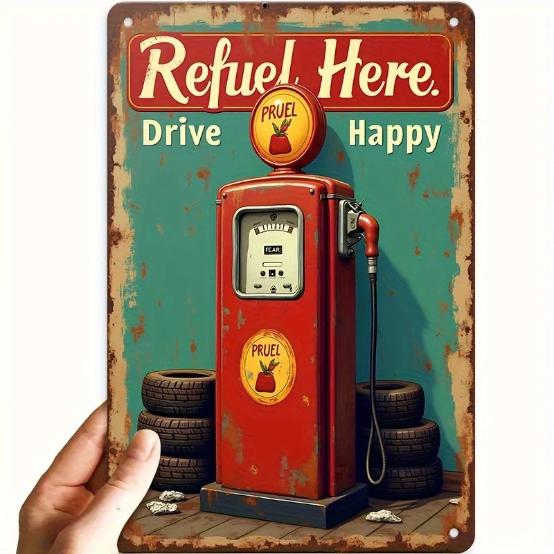 Vintage Gas Station Iron Sign - Rustic Red Pump & Tires Design, 