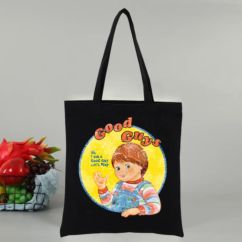 Chucky Halloween Horror Movie Women\'s Shopper Bag Canvas Tote Shoulder Bags Shopping Bag Black Cloth Handbags Eco Friendly