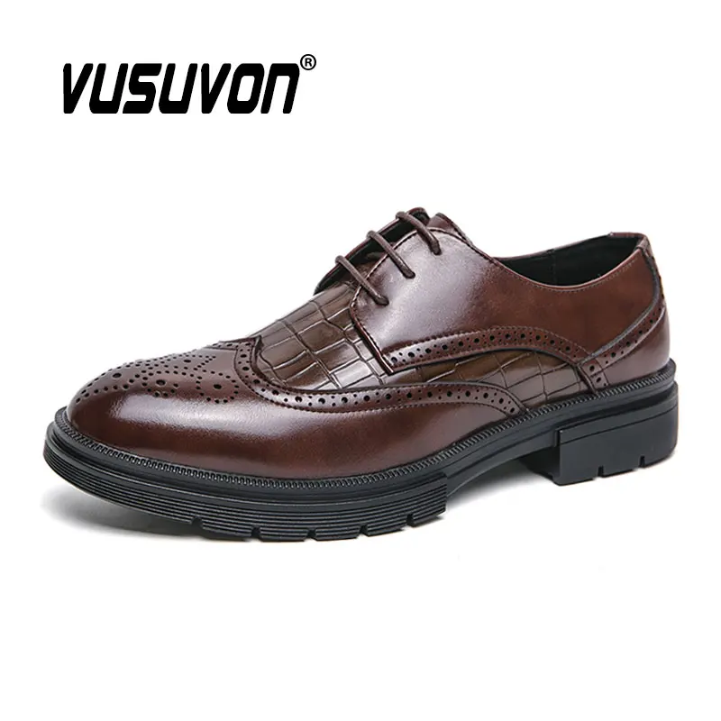 Fashion Men Derby Shoes Brogue Flats Split Leather Casual Dress Loafers Lace-Up Classic Black Footwear Big Size 38-46