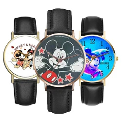 Disney Mickey Minnie Children's Watch Anime action figure Mickey Mouse PU Belt Pointer Digital Quartz watches for kids Gifts