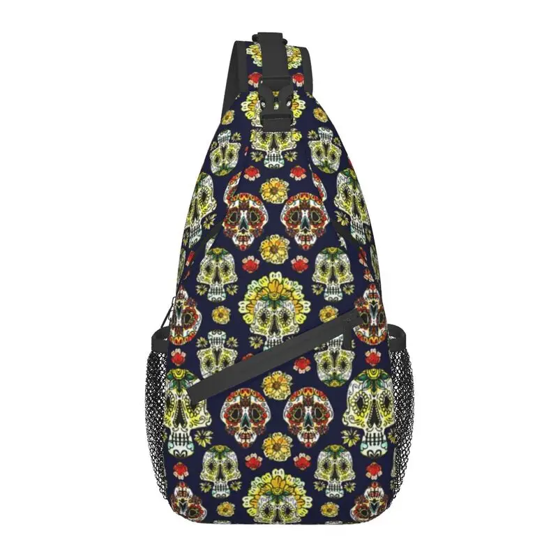 

Day Of The Dead Sugar Skulls Collage Sling Chest Crossbody Bag Men Fashion Pretty Mexican Floral Shoulder Backpack for Hiking