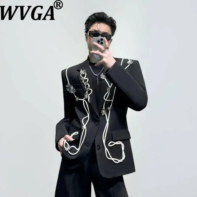WVGA Spring Autumn New Men Double-Breasted Metal Flower Decoration Trendy Blazer Niche Shoulder Pads High-End Jackets Ins W24083